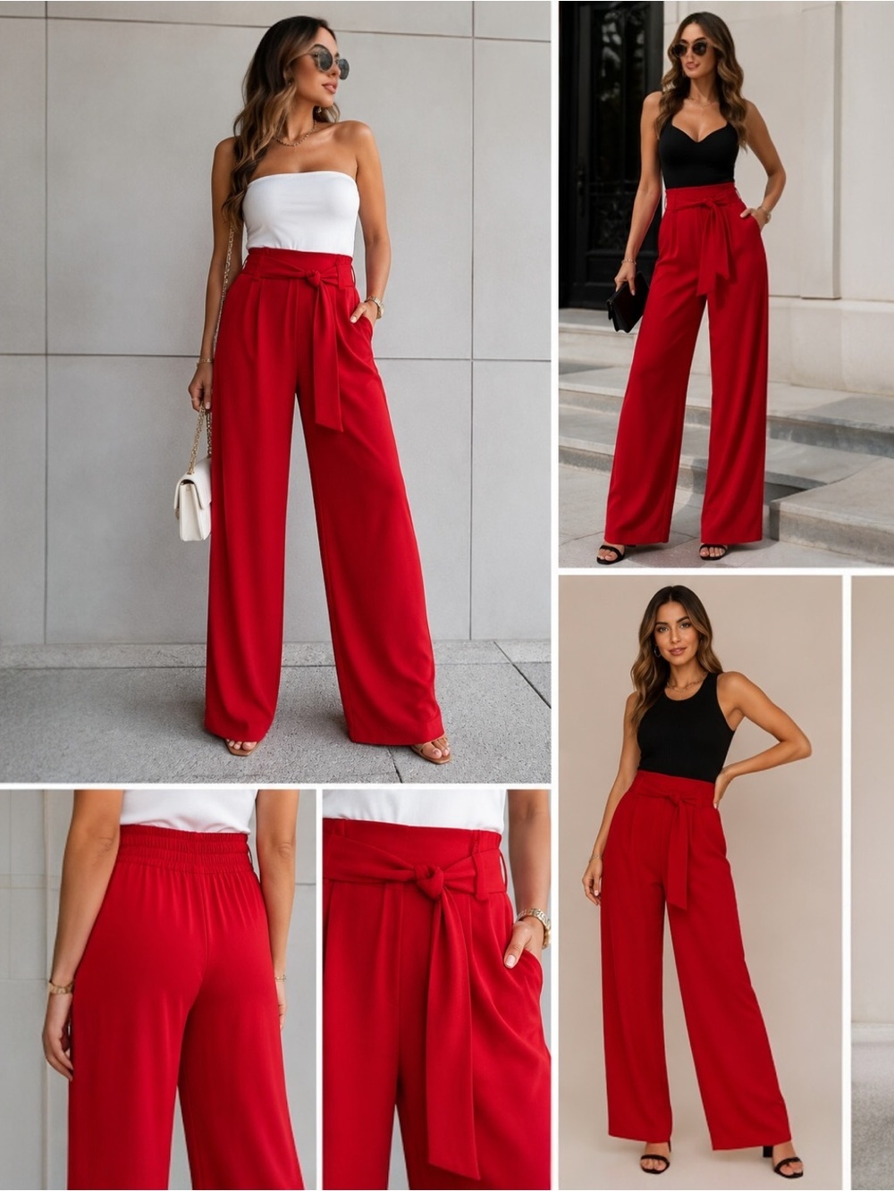 Express XL Super High Rise Wide Leg Trouser Pants Red Tie Waist Elastic Back